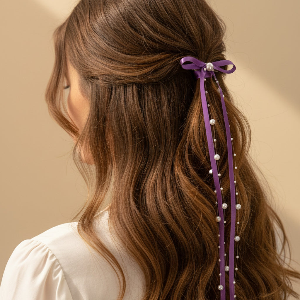 Purple Ribbon Hair Bow Clips With Pearl Beads
