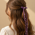 Purple Ribbon Hair Bow Clips With Pearl Beads