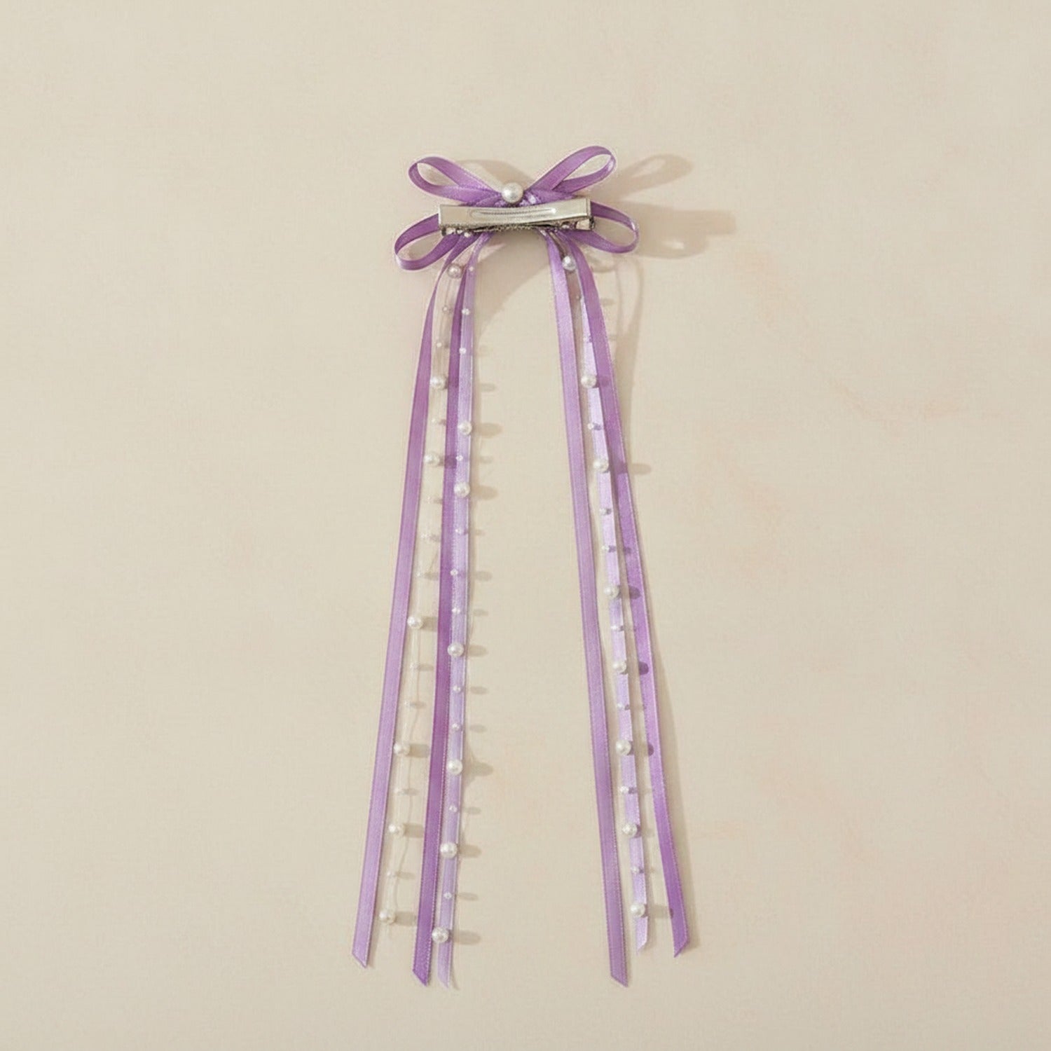 Purple Ribbon Hair Bow Clips With Pearl Beads