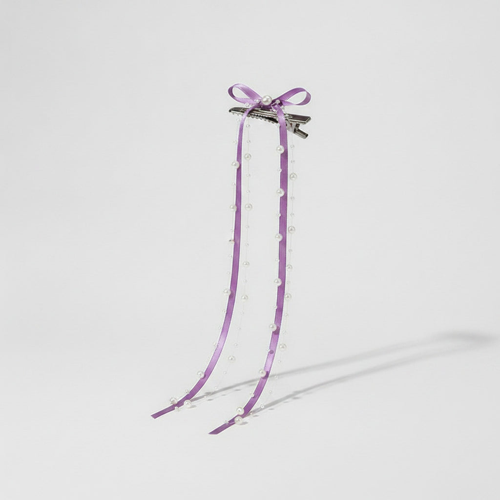 Purple Ribbon Hair Bow Clips With Pearl Beads – hair accessories (view 1)