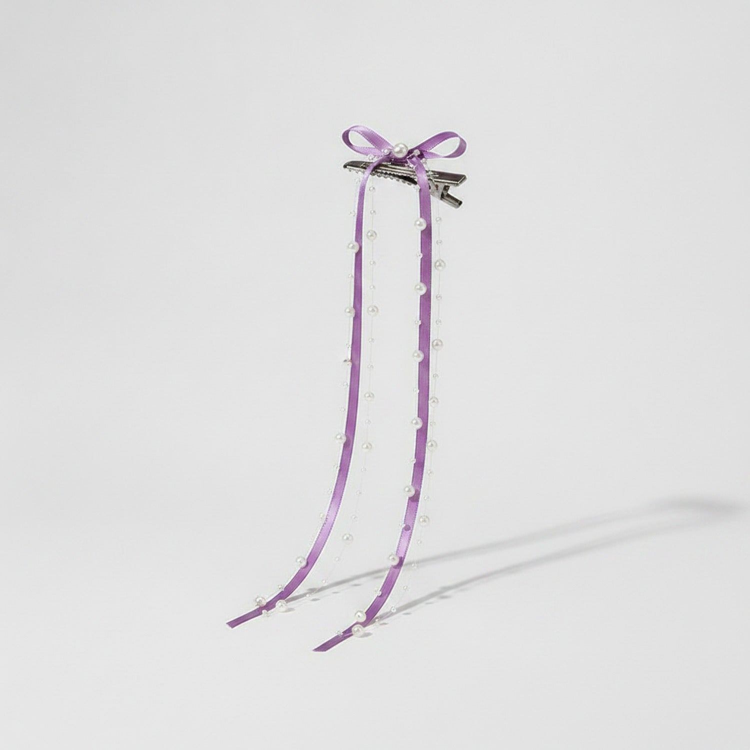 Purple Ribbon Hair Bow Clips With Pearl Beads