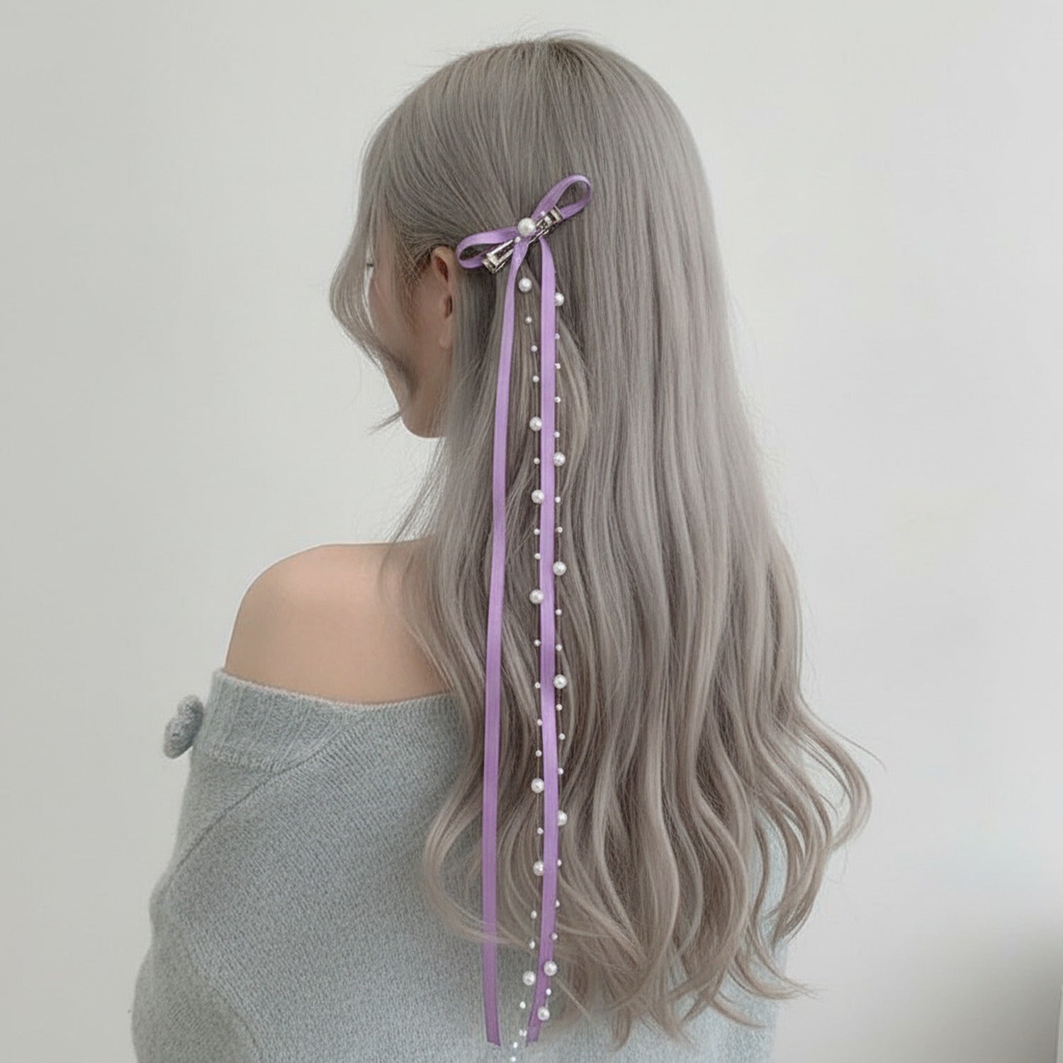 Purple Ribbon Hair Bow Clips With Pearl Beads