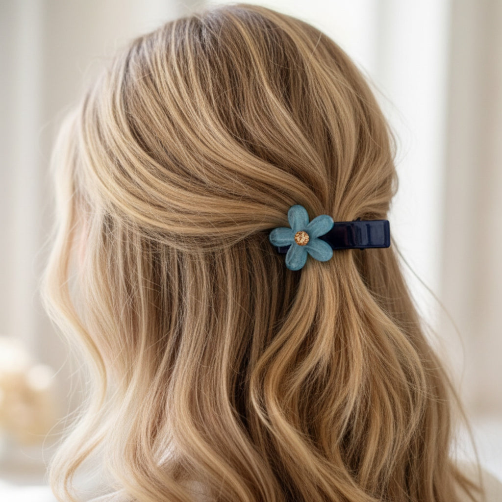 Blue Flower Hair Clip With Gold Center