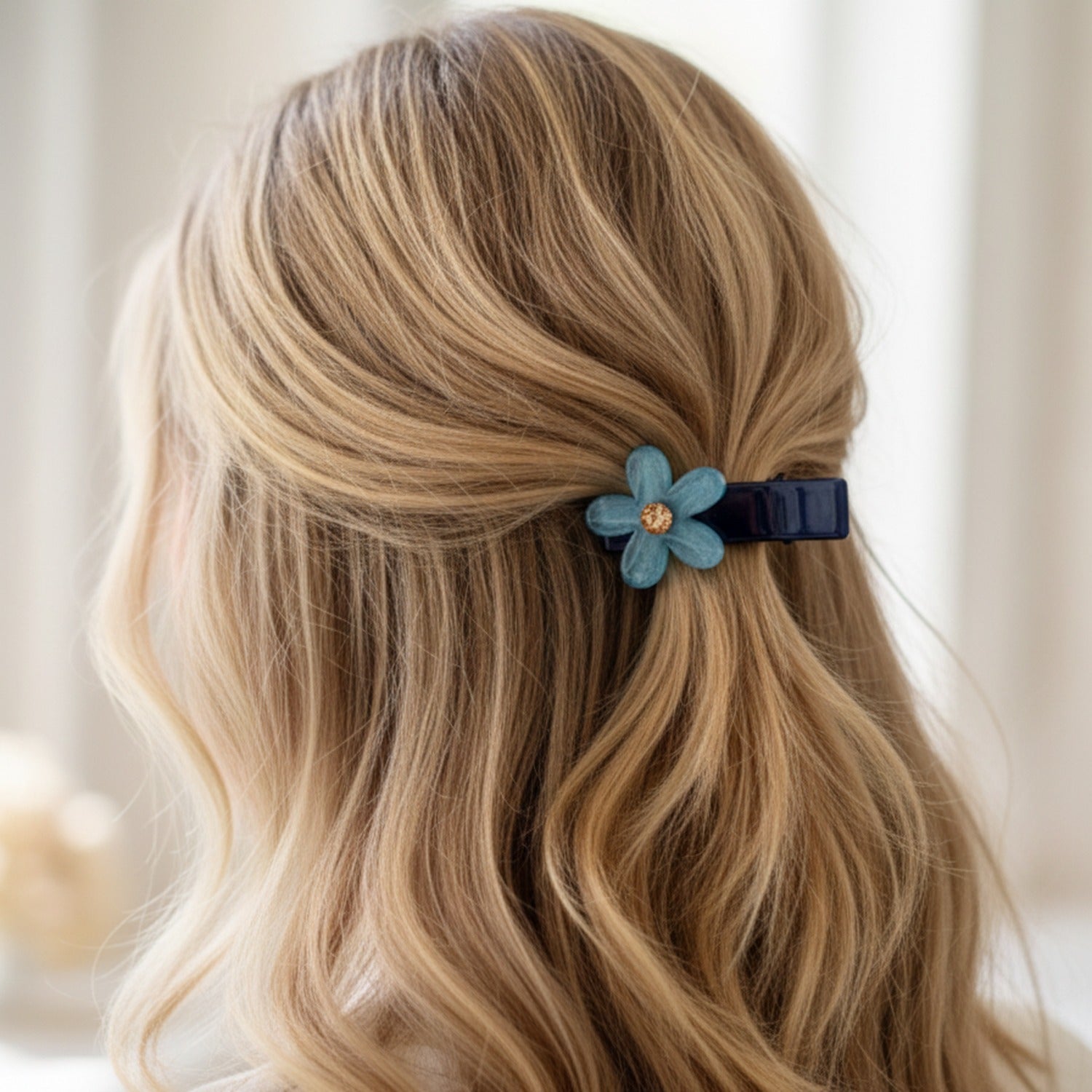 Blue Flower Hair Clip With Gold Center