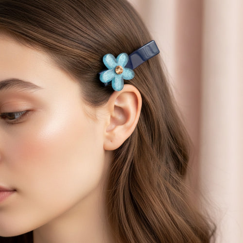 Blue Flower Hair Clip With Gold Center