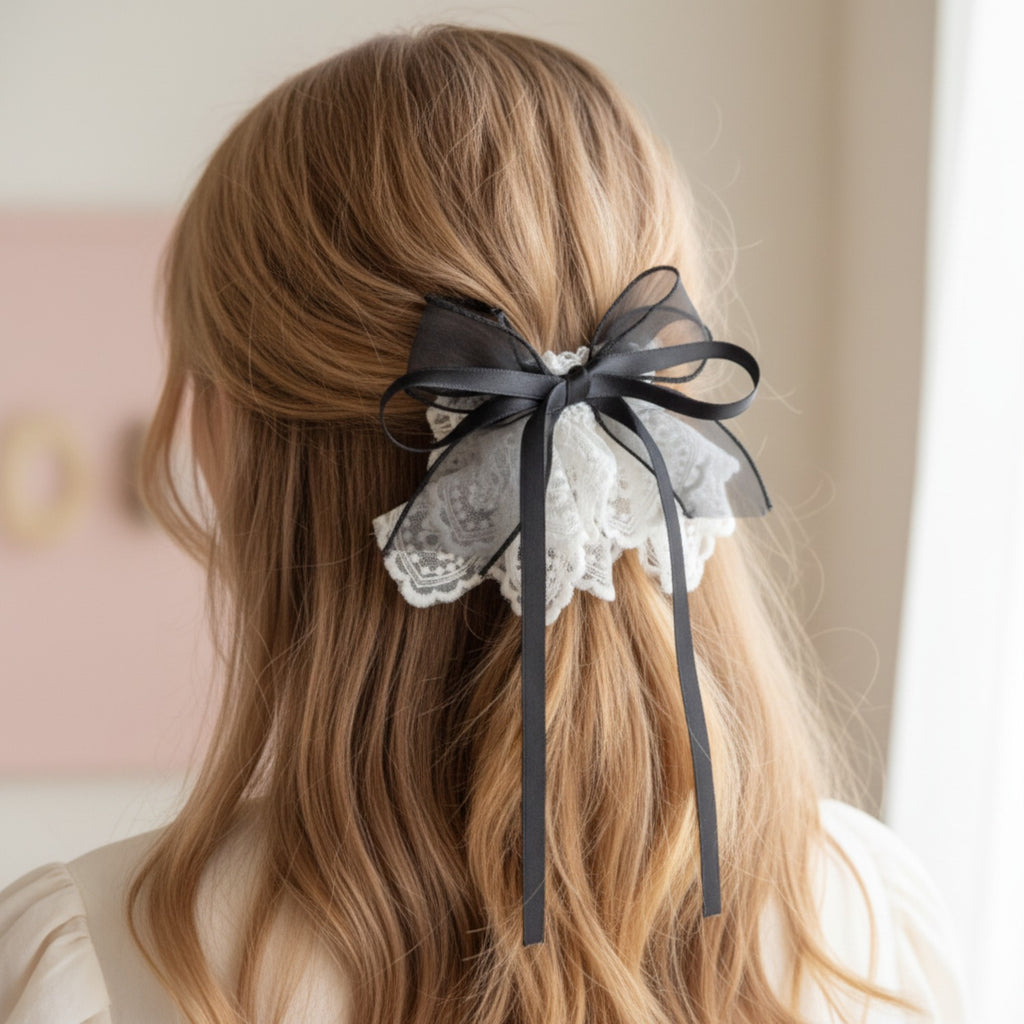 Lace Bow Hair Clip With Black Ribbon