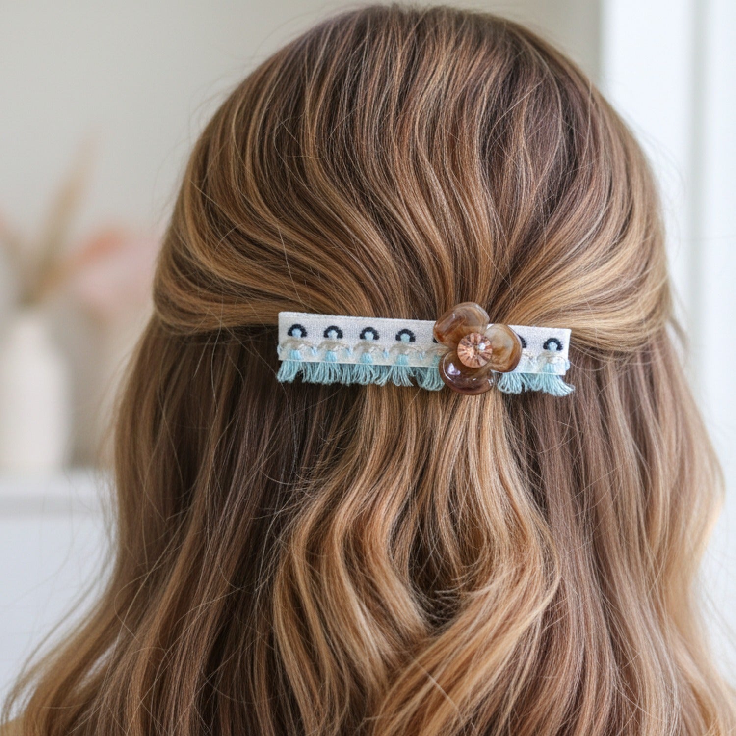 Turquoise Tassel Hair Clip With Brown Flower Charm
