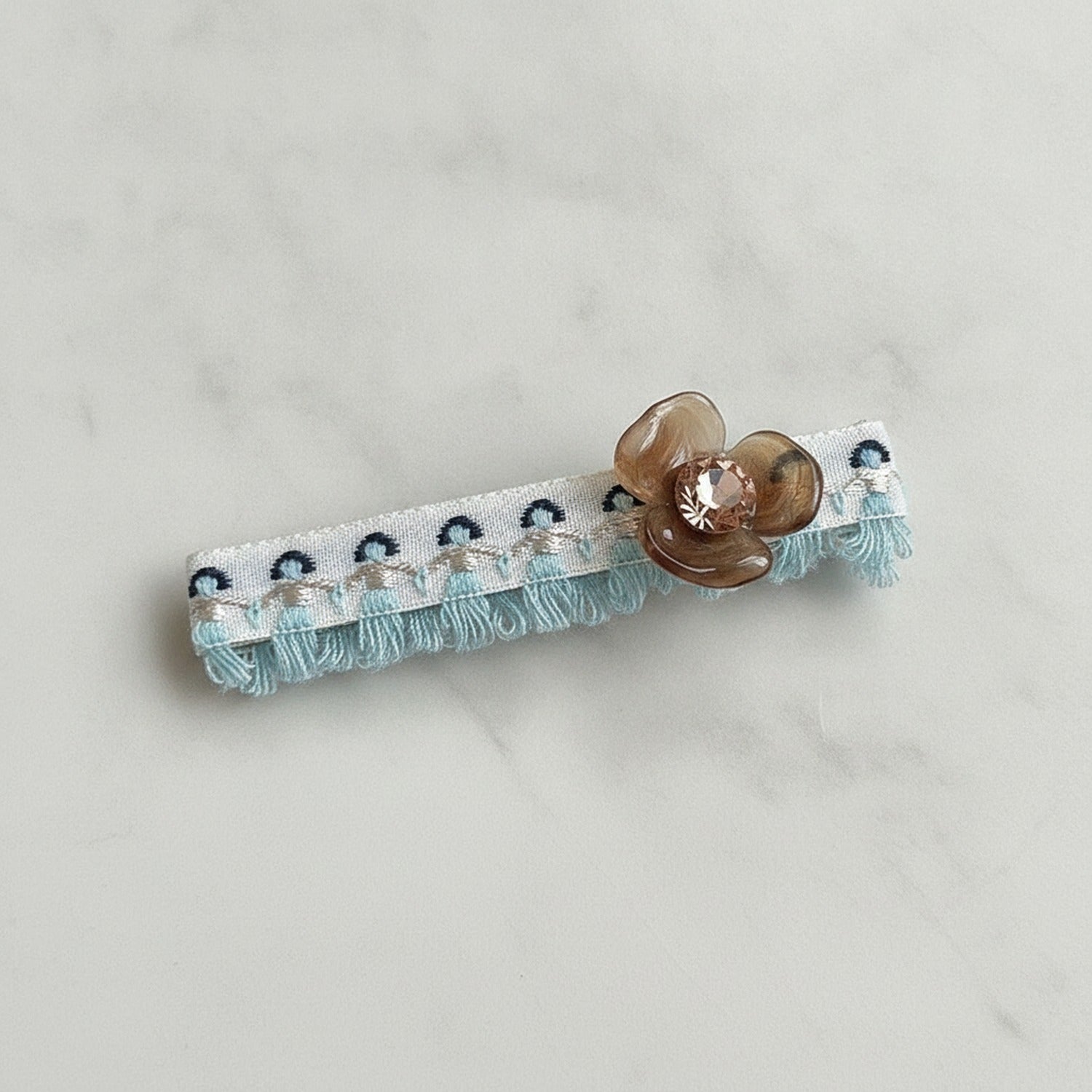 Turquoise Tassel Hair Clip With Brown Flower Charm