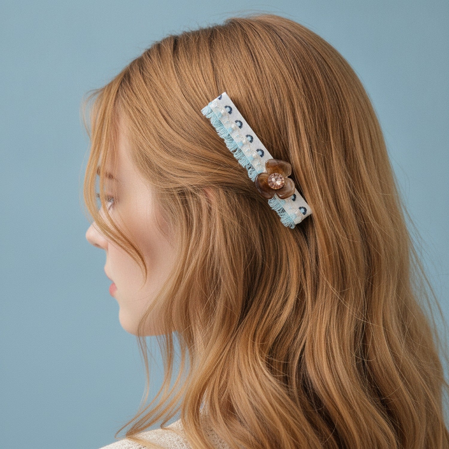 Turquoise Tassel Hair Clip With Brown Flower Charm