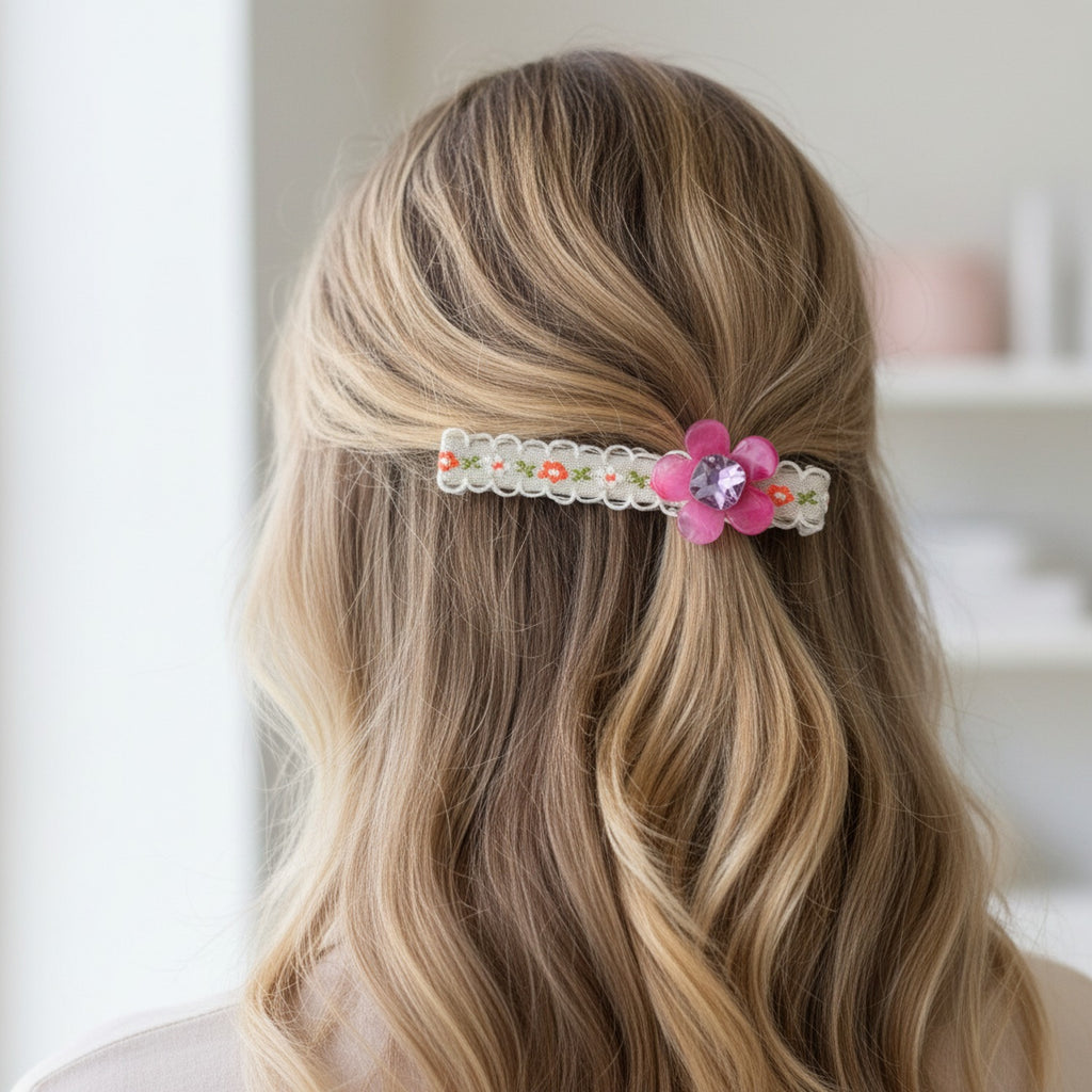 Pink Flower Rhinestone Lace Hair Clip