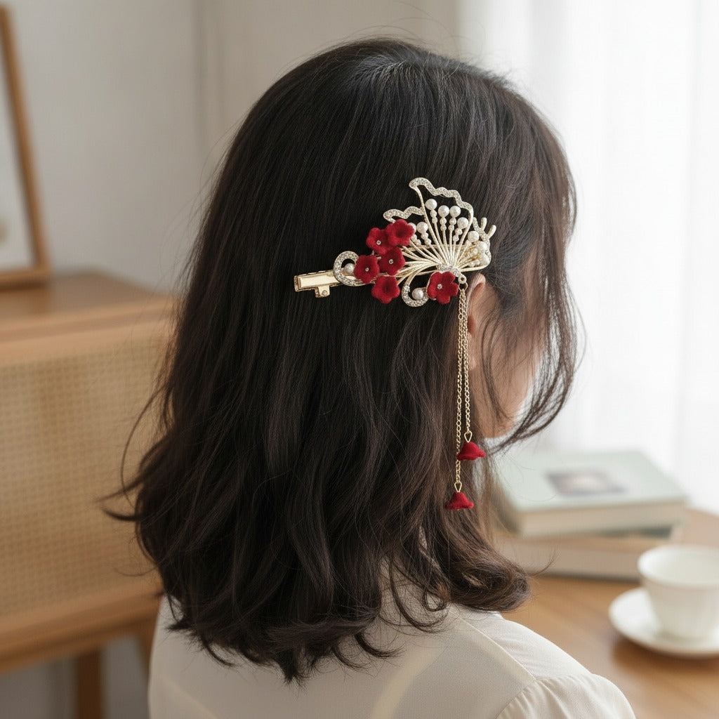Red Flower Gold Chain Hair Claw – hair accessories (view 2)