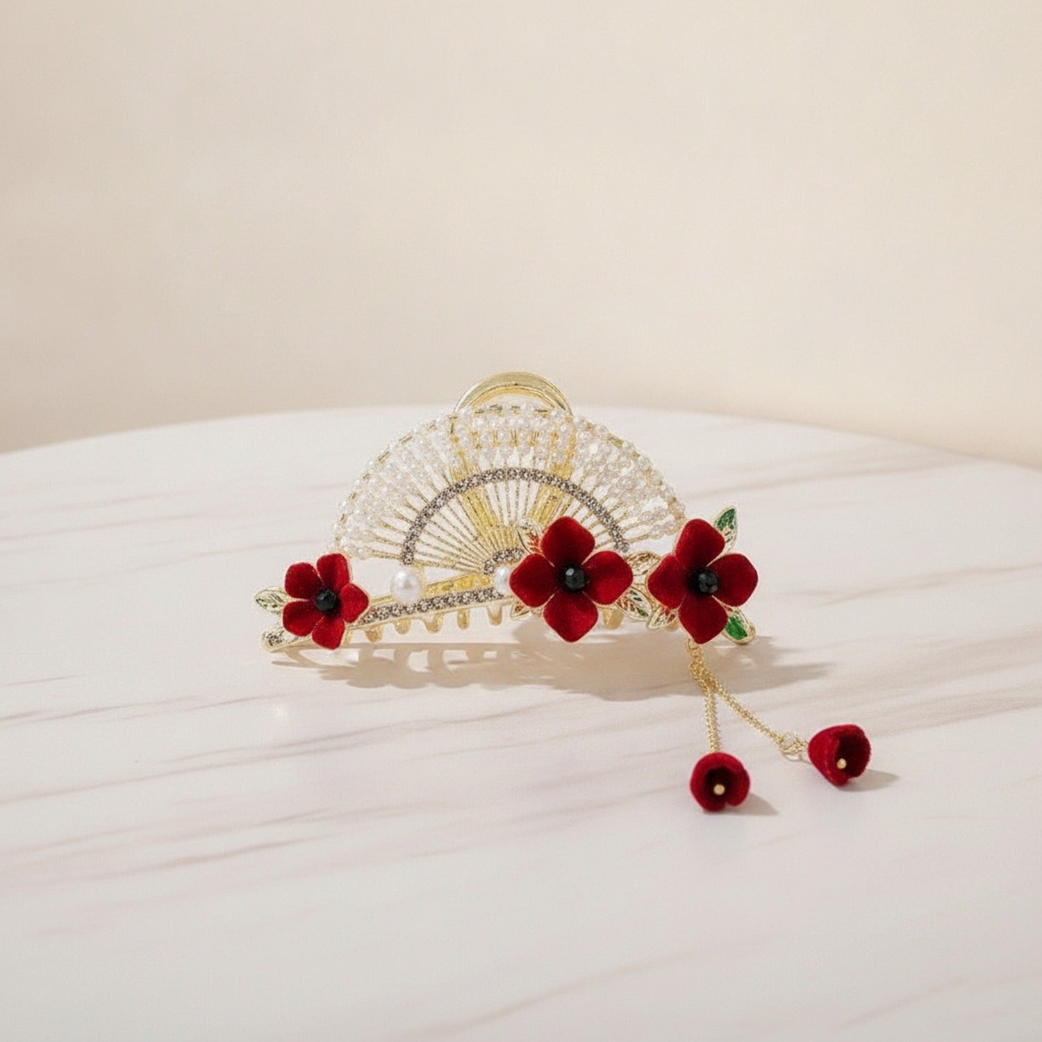 Red Flower Gold Chain Hair Claw