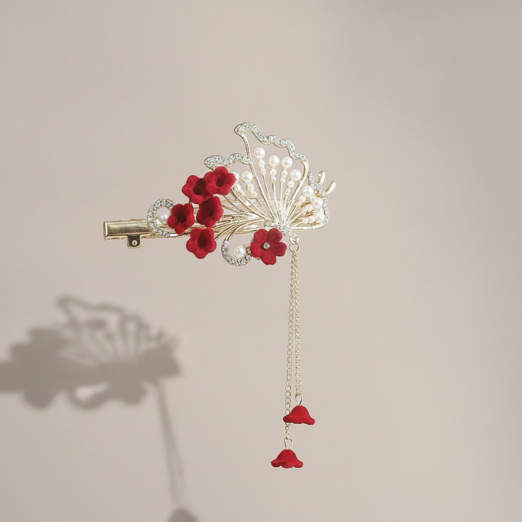 Red Flower Gold Chain Hair Claw – hair accessories (view 1)
