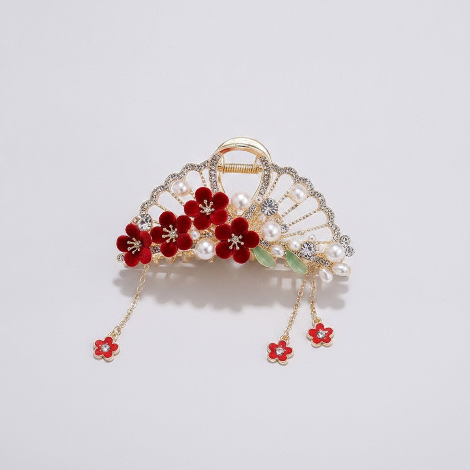 Red Flower Gold Chain Hair Claw