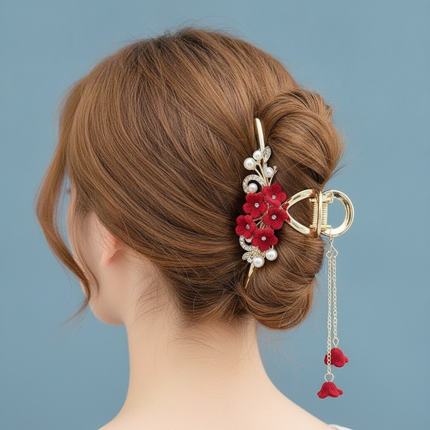Red Flower Gold Chain Hair Claw