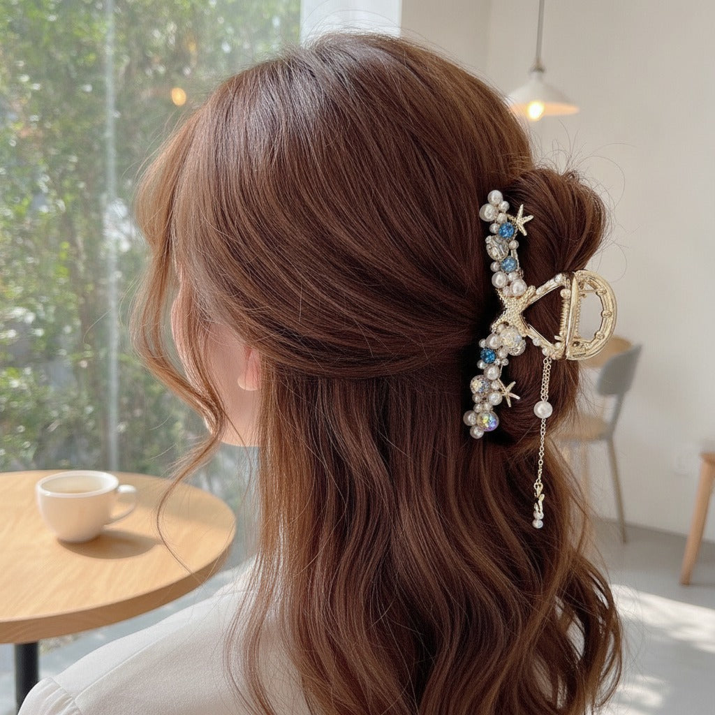 Pearl & Starfish Beaded Gold Hair Claw – hair accessories (view 2)