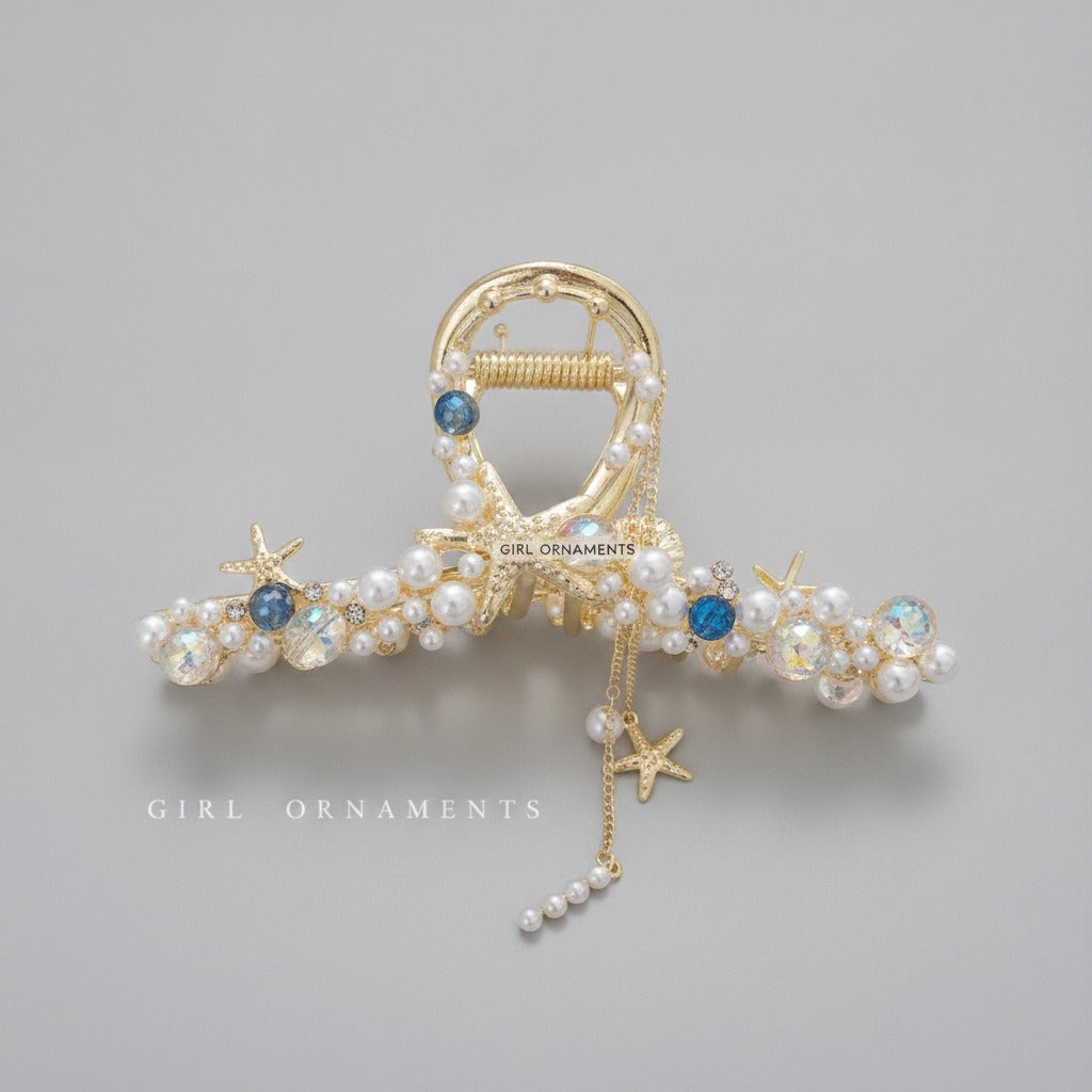 Pearl & Starfish Beaded Gold Hair Claw – hair accessories (view 1)