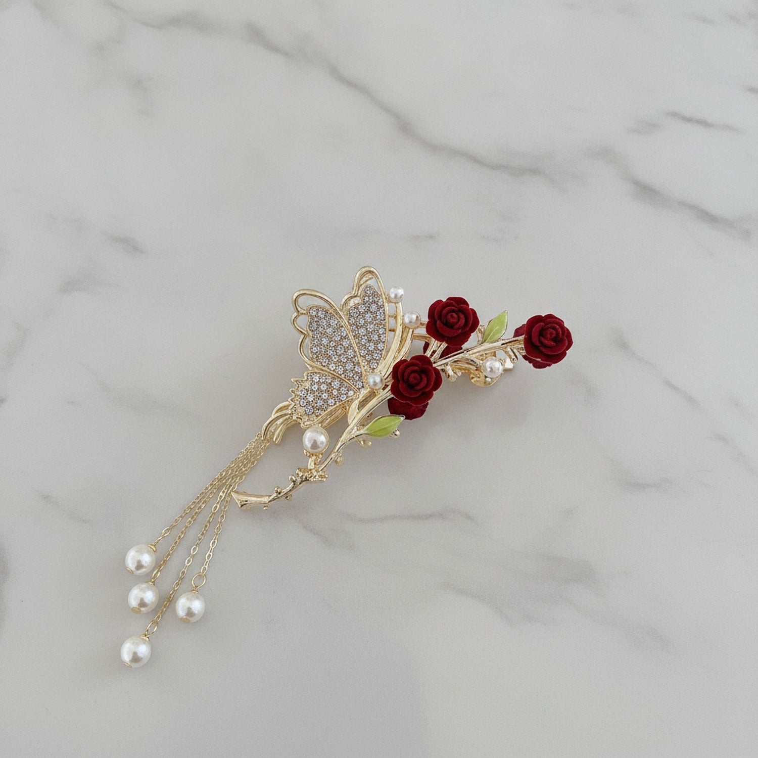 Butterfly Rose Gold Hair Claw Pearl Chain