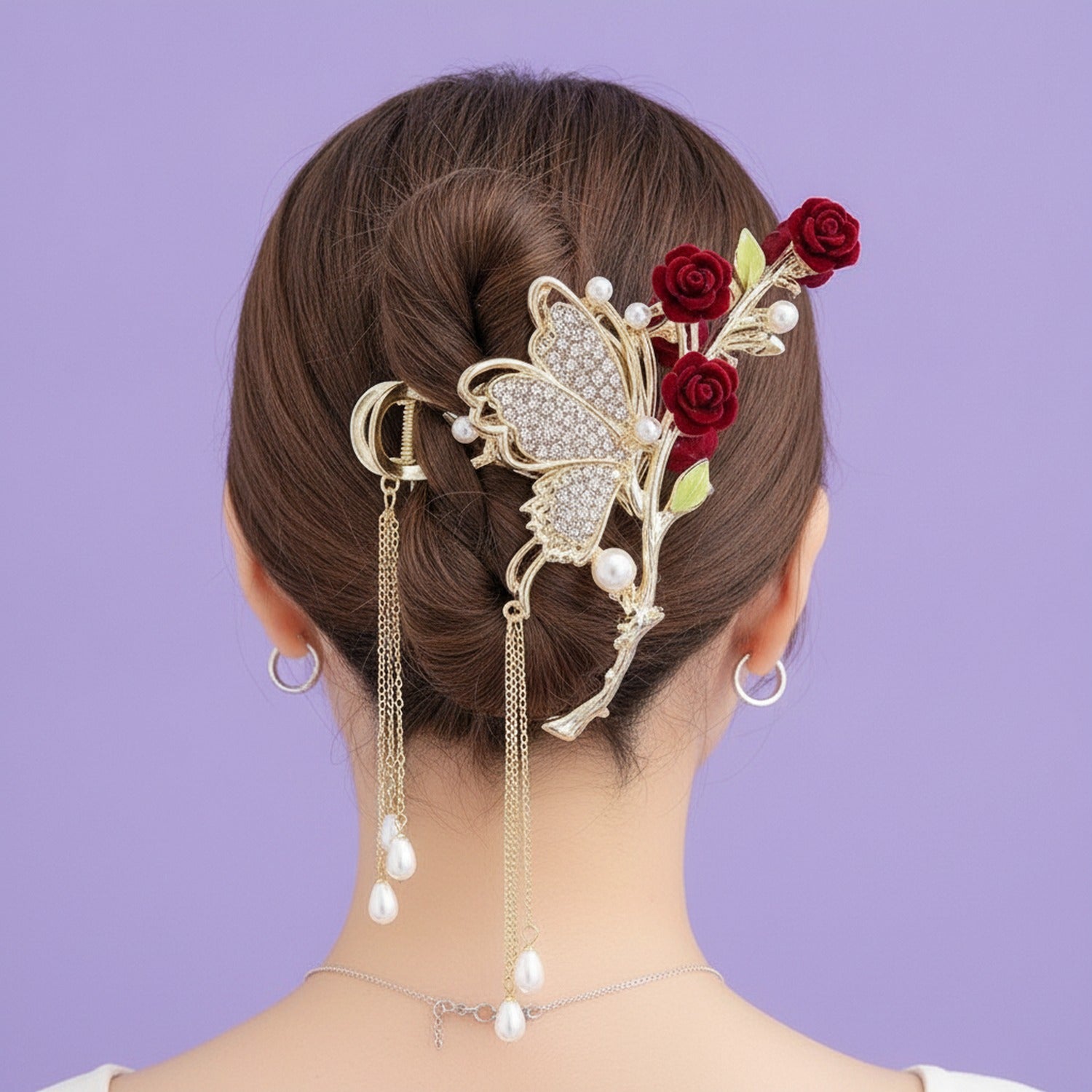 Butterfly Rose Gold Hair Claw Pearl Chain