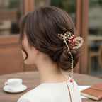 Red Flower Heart Hair Claw With Pearl Chain – hair accessories (view 2)