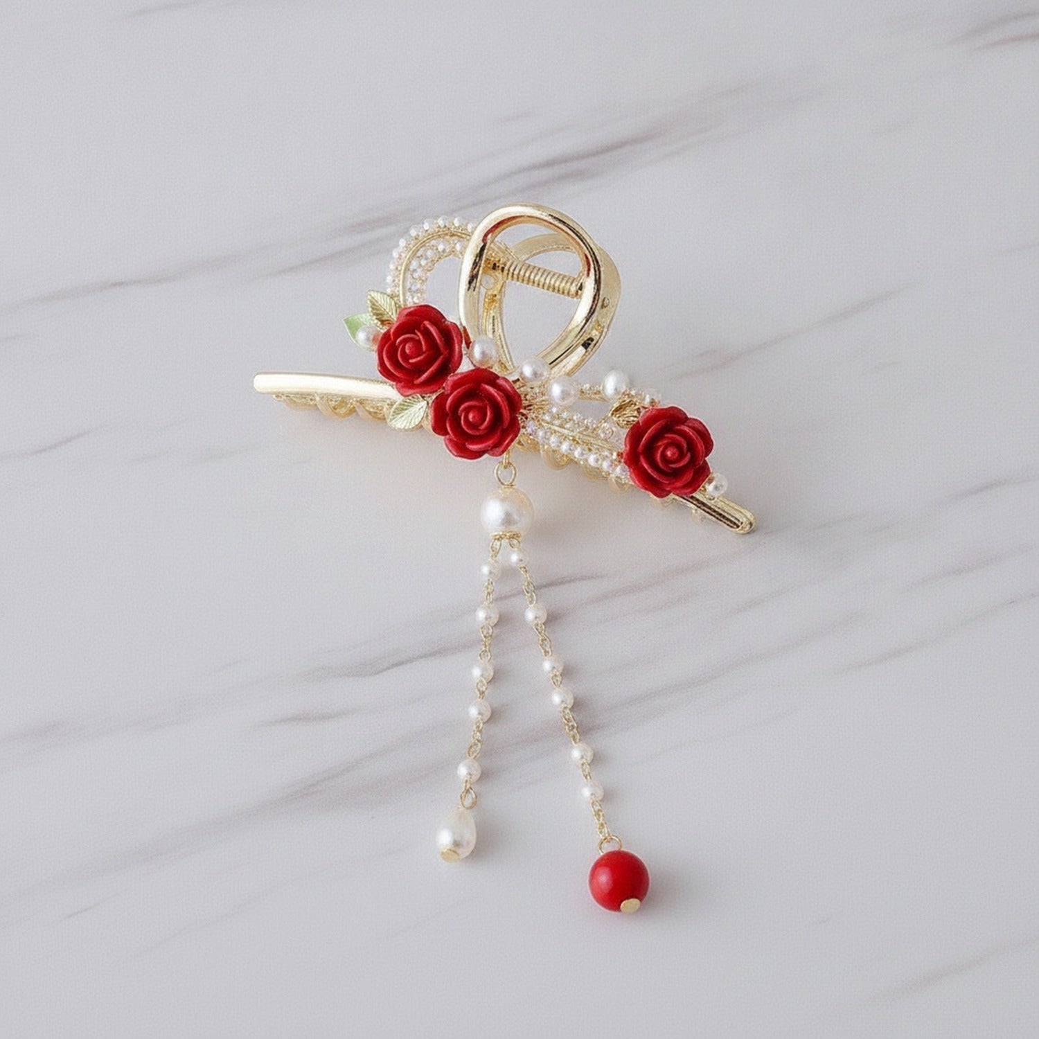 Red Flower Heart Hair Claw With Pearl Chain