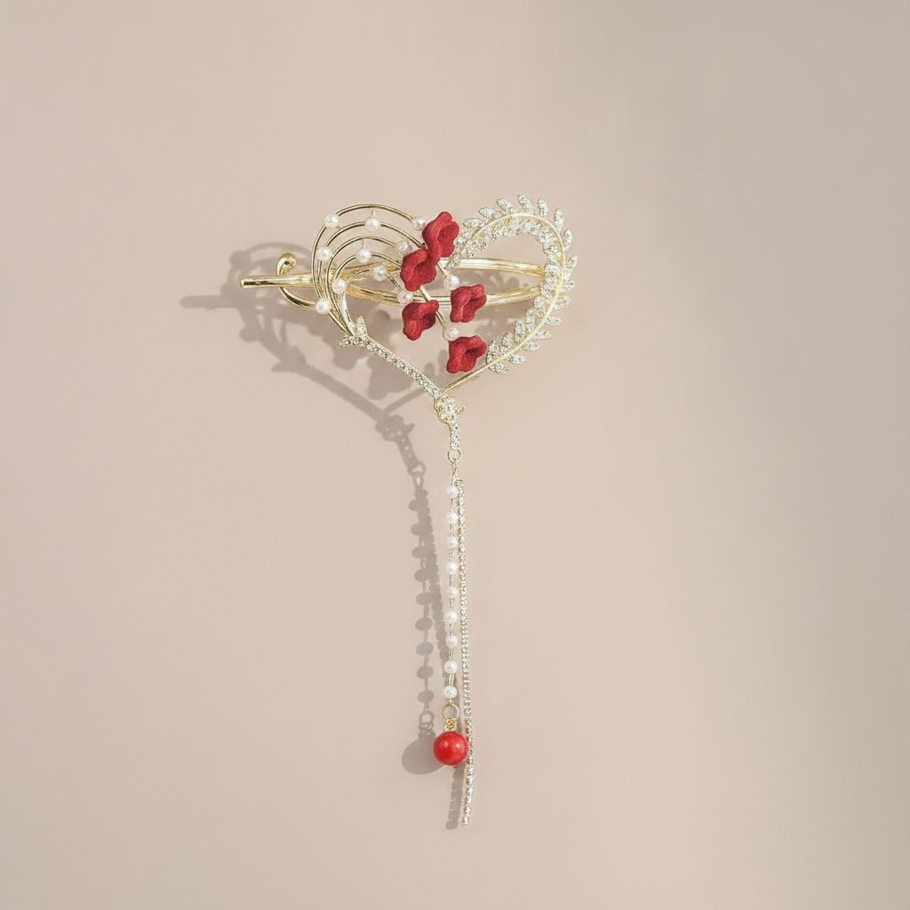 Red Flower Heart Hair Claw With Pearl Chain – hair accessories (view 1)