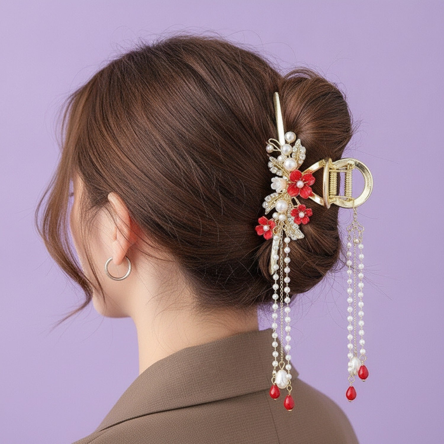 Red Flower Heart Hair Claw With Pearl Chain