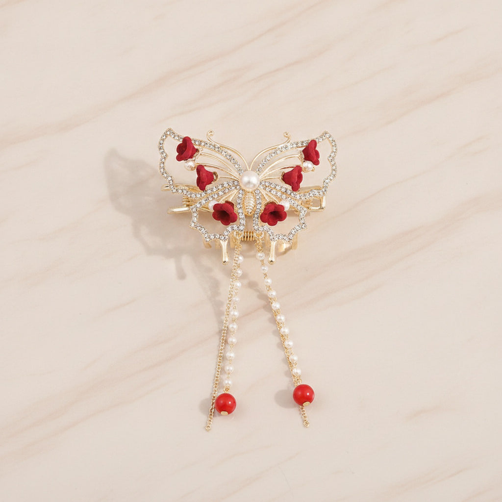 Butterfly Pearl Heart Rhinestone Hair Claw – hair accessories (view 2)