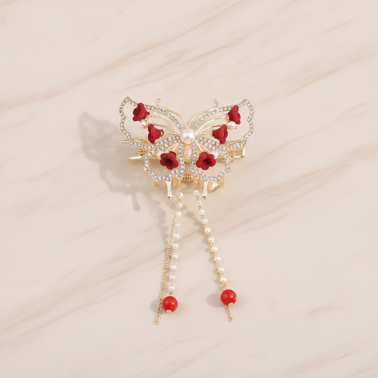 Butterfly Pearl Heart Rhinestone Hair Claw