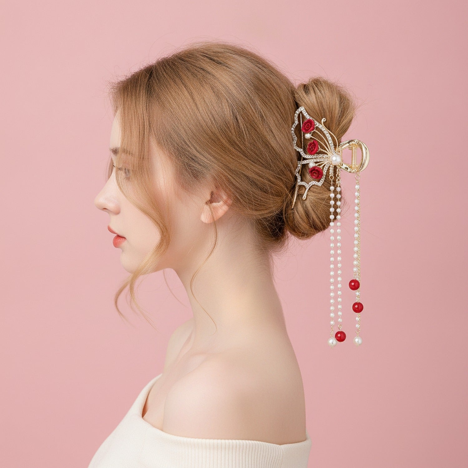 Butterfly Pearl Heart Rhinestone Hair Claw