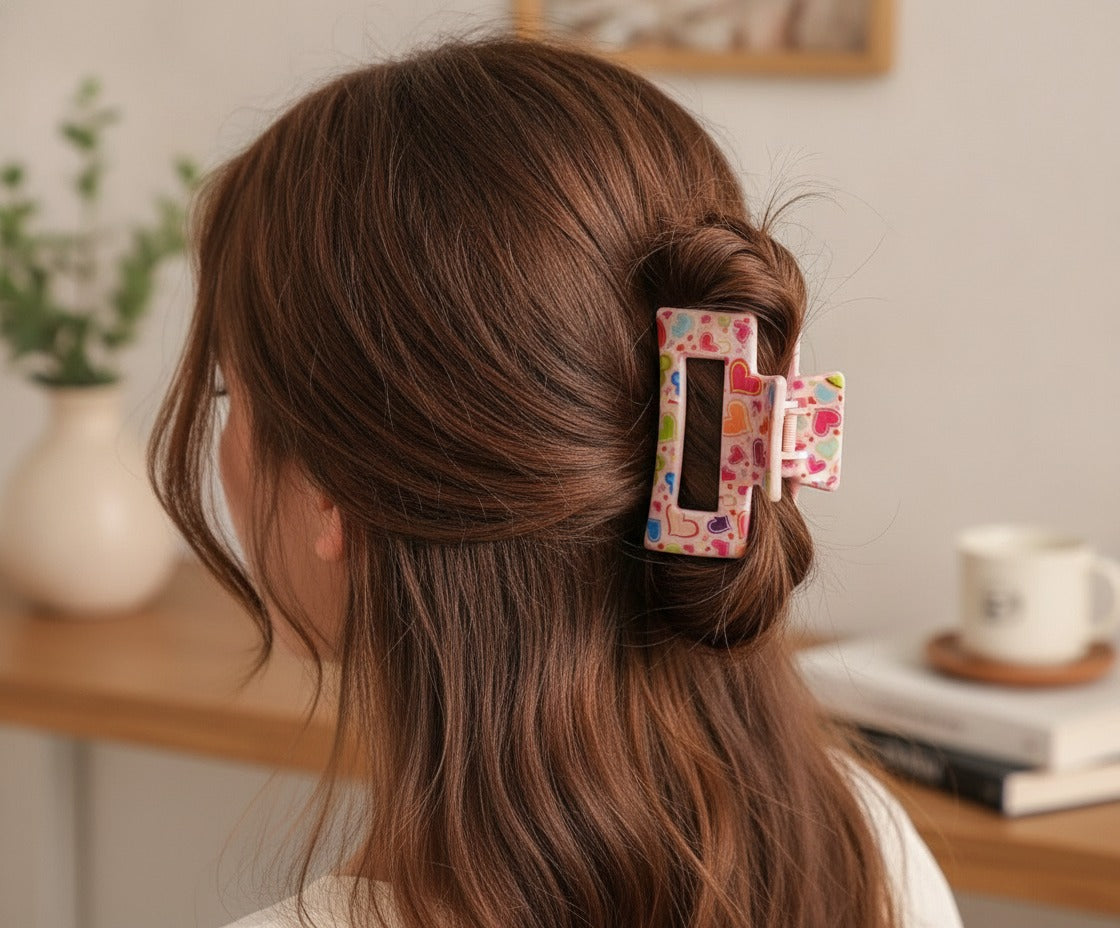 Pink Heart Claw Clip Rainbow Design