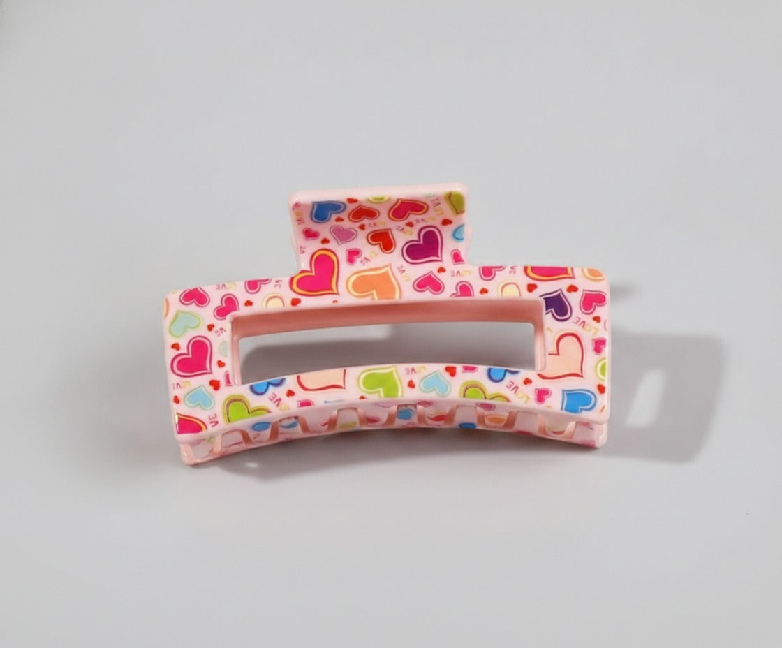 Pink Heart Claw Clip Rainbow Design