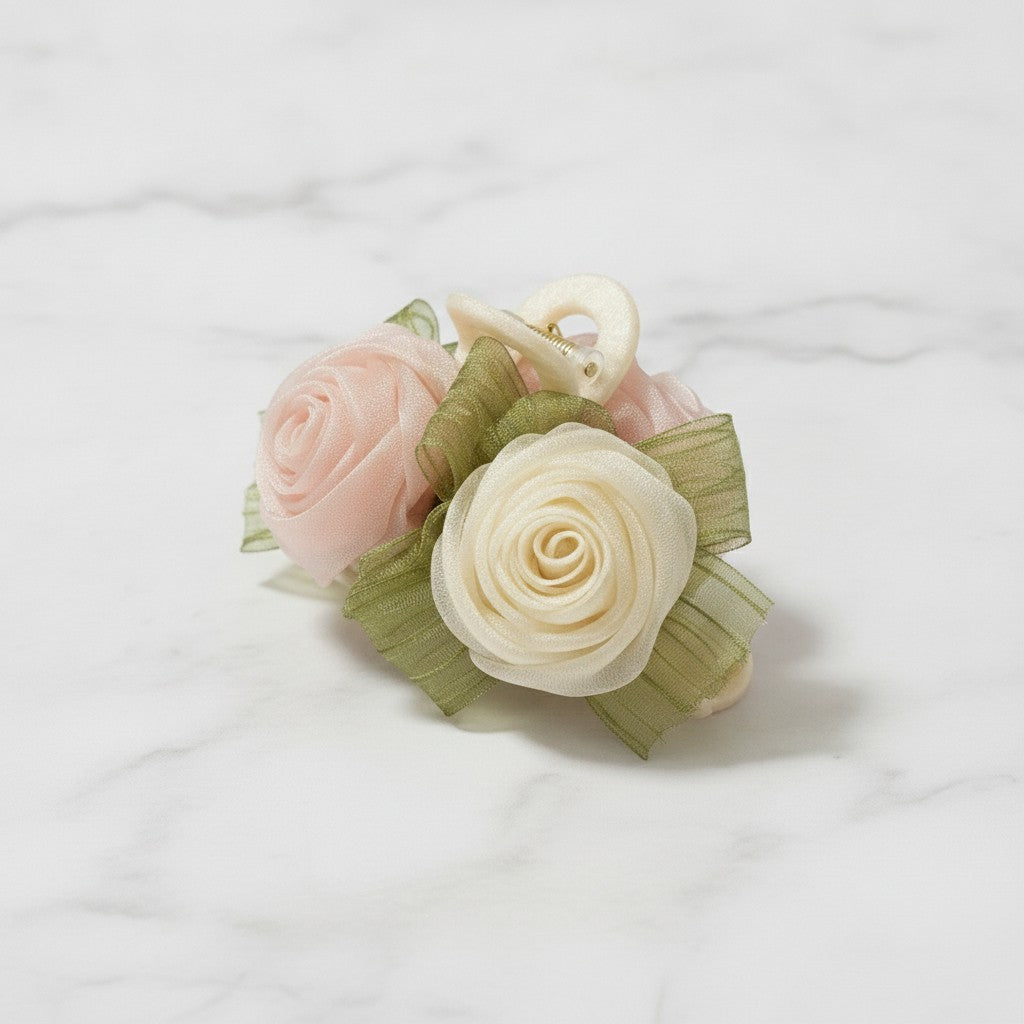 Rose Flower Hair Claw Clip With Ribbon Bow - Champagne Rose Hair Claw 11cm