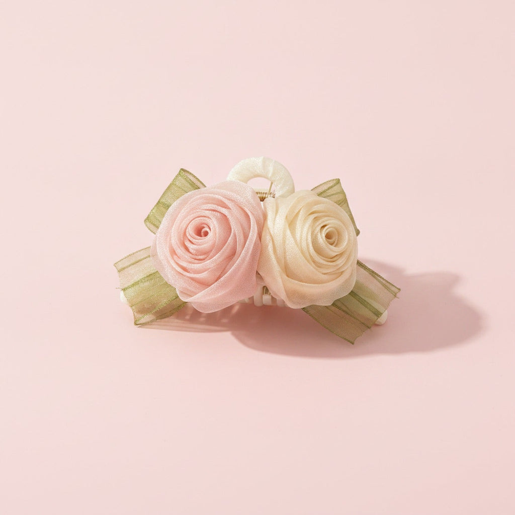 Rose Flower Hair Claw Clip With Ribbon Bow - Champagne Rose Hair Claw 11cm