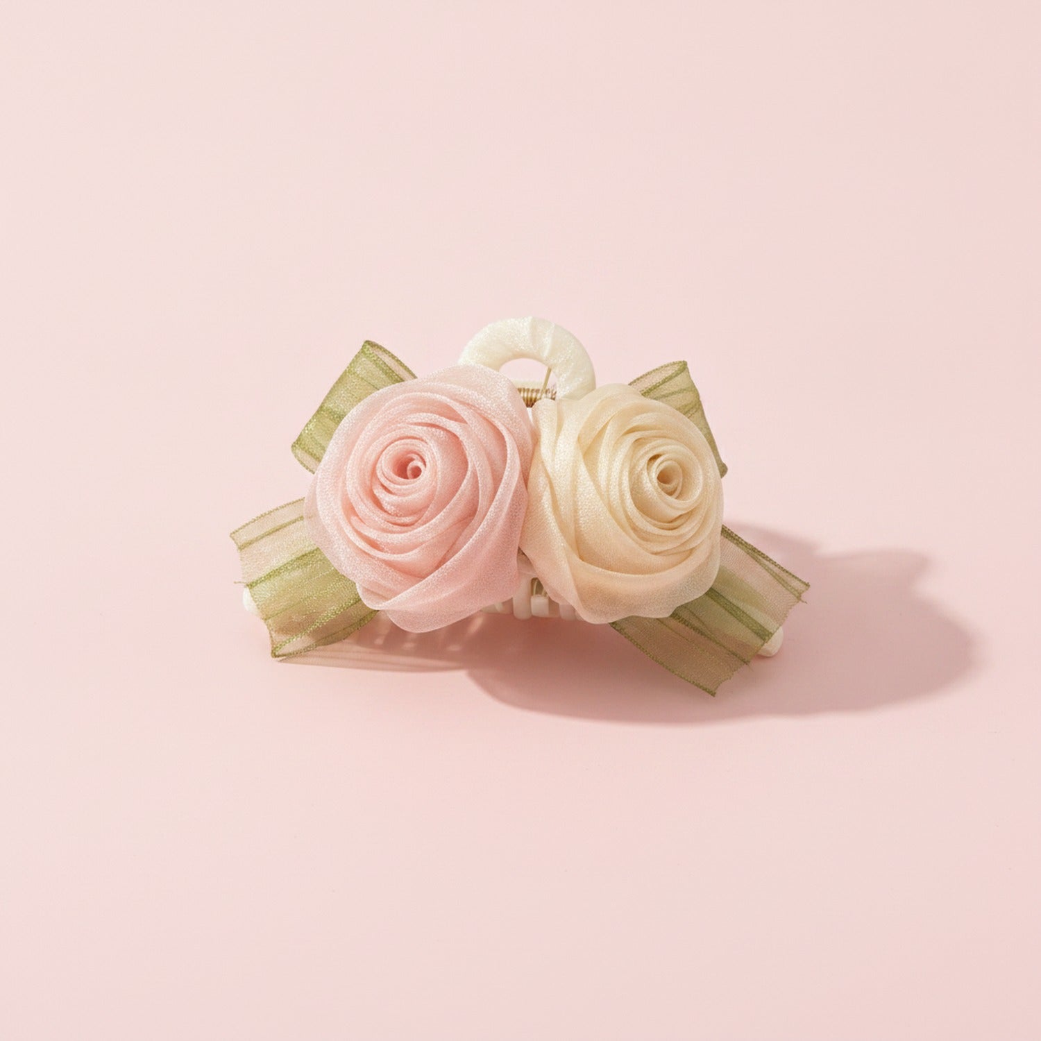 Rose Flower Hair Claw Clip With Ribbon Bow - Champagne Rose Hair Claw 11cm