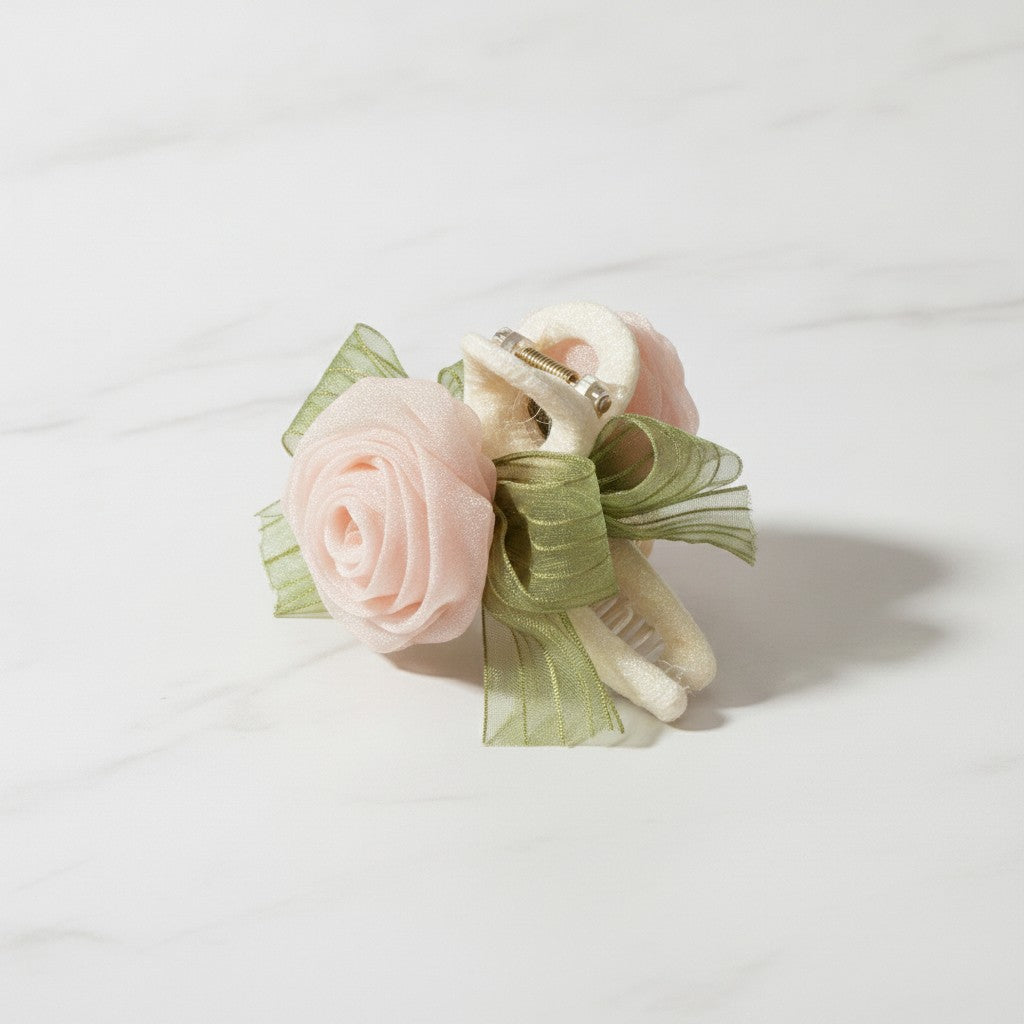 Rose Flower Hair Claw Clip With Ribbon Bow - Pink Rose Claw Clip 11cm #2416 – hair accessories (view 3)