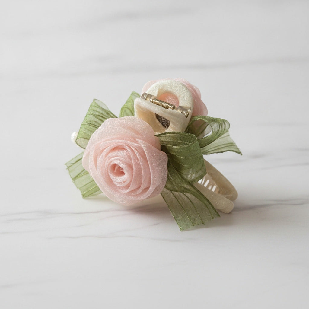 Rose Flower Hair Claw Clip With Ribbon Bow - Pink Rose Claw Clip 11cm #2416