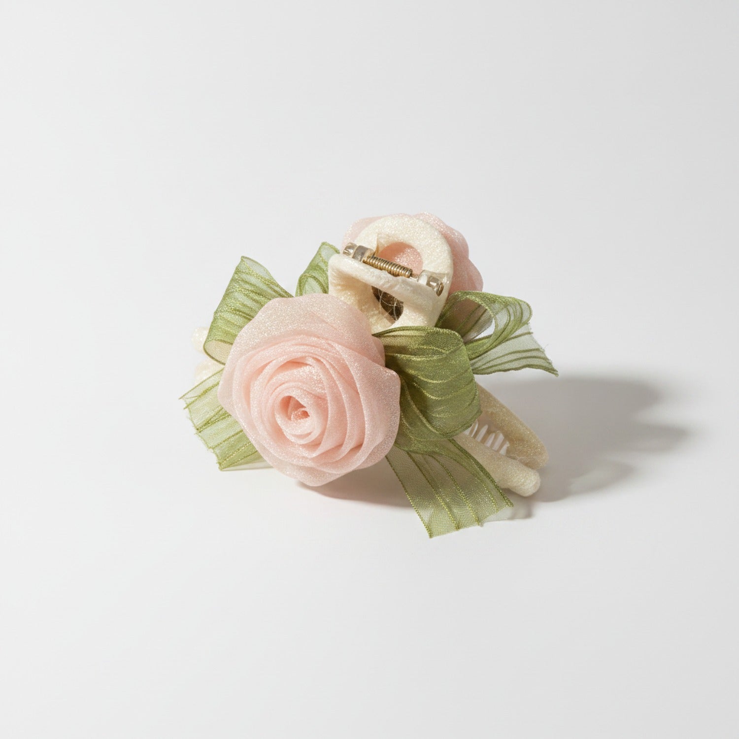 Rose Flower Hair Claw Clip With Ribbon Bow - Pink Rose Claw Clip 11cm #2416