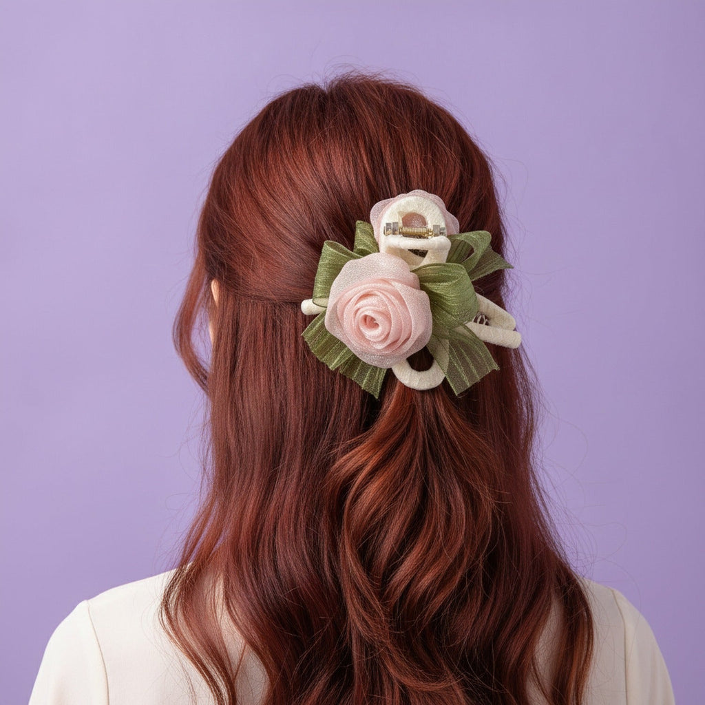 Rose Flower Hair Claw Clip With Ribbon Bow - Pink Rose Claw Clip 11cm #2416