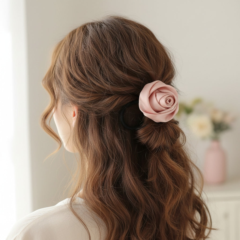 Rose Flower Hair Clip Pink Fabric