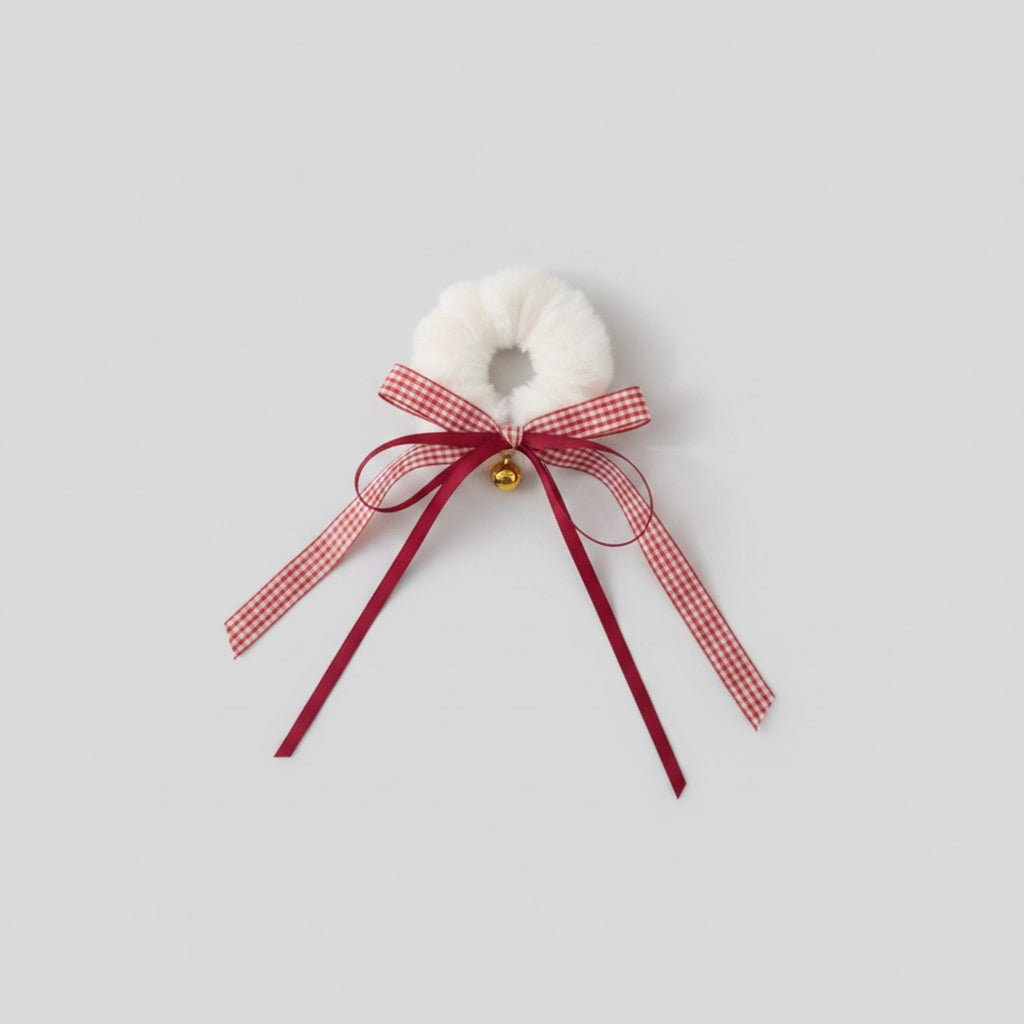 Fluffy White Hair Scrunchie With Red Ribbon Bow