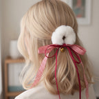 Fluffy White Hair Scrunchie With Red Ribbon Bow