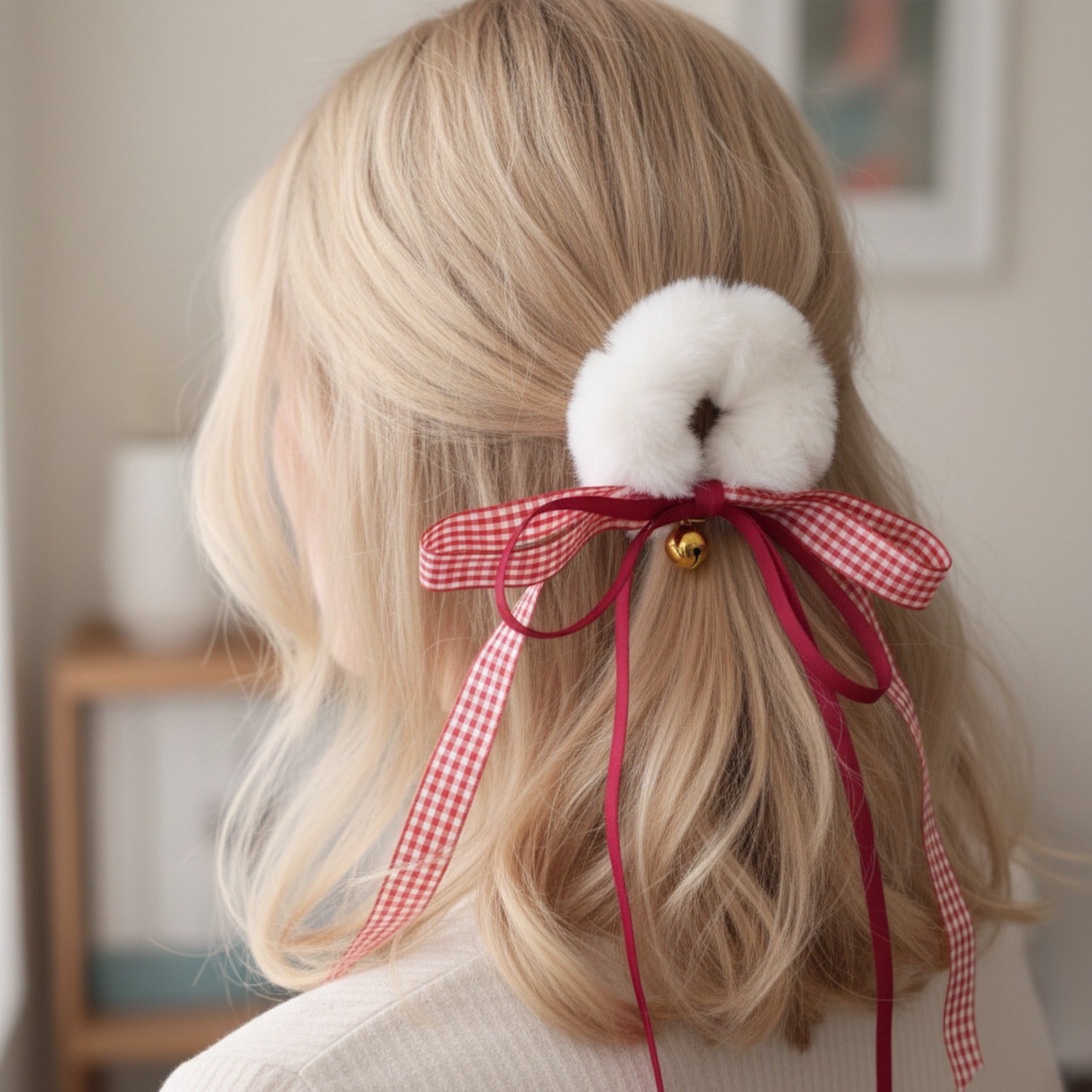 Fluffy White Hair Scrunchie With Red Ribbon Bow