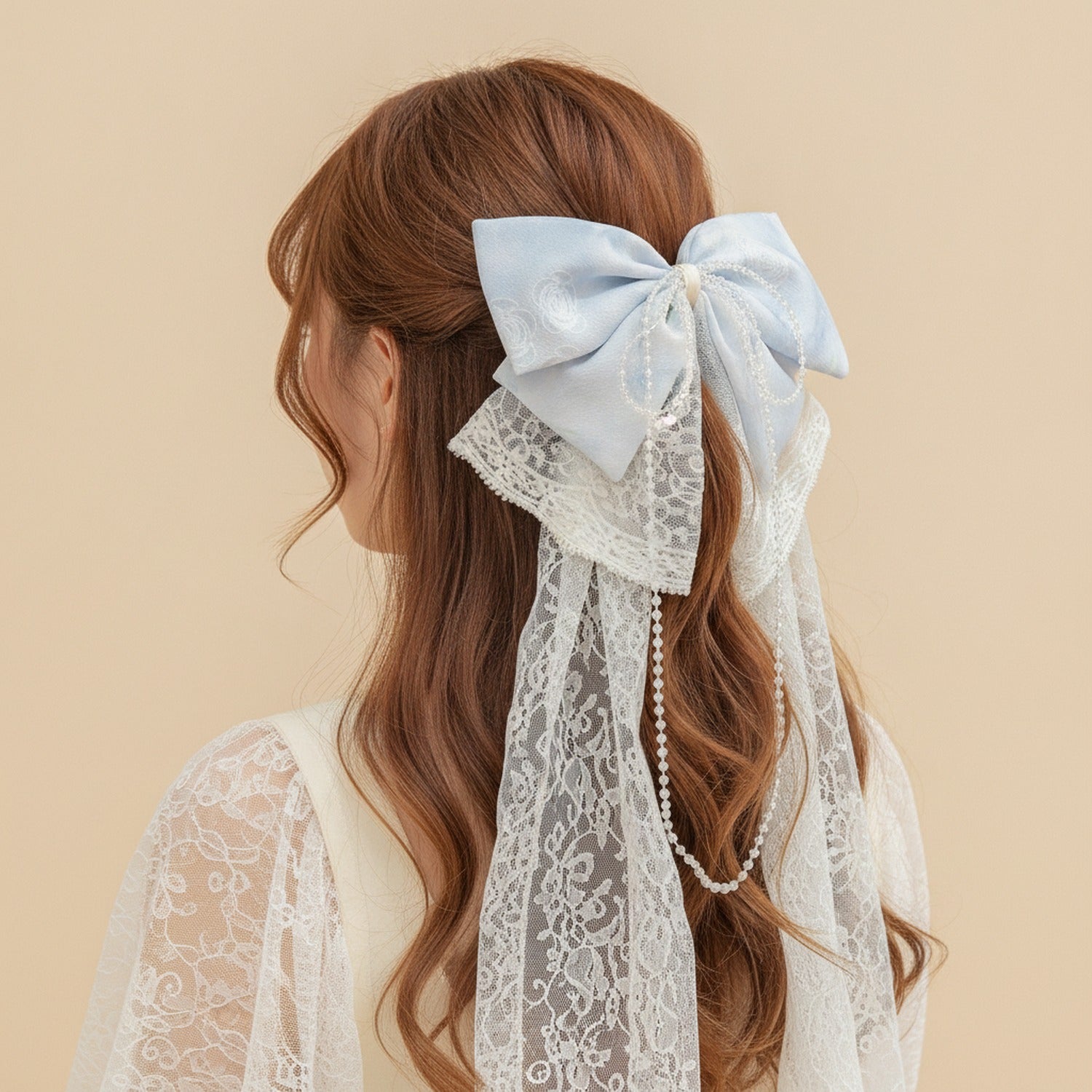 Blue Floral Pearl Chain Hair Claw Clip