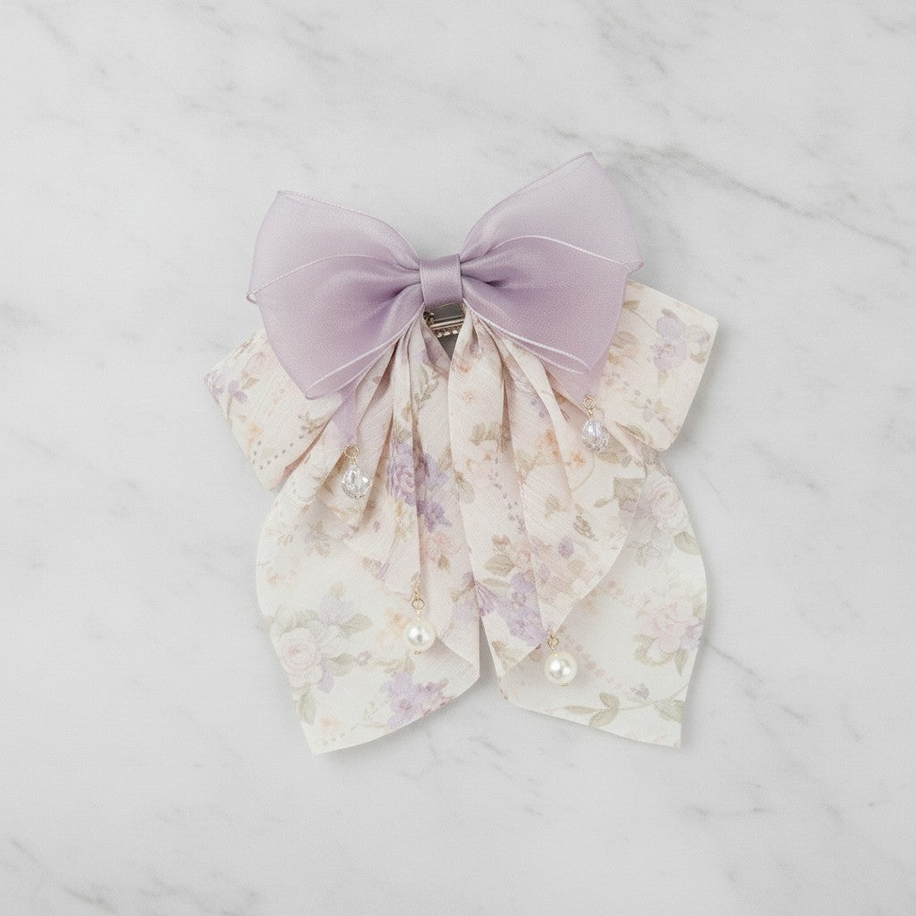 Lavender Floral Ribbon Bow Hair Claw Clip – hair accessories (view 3)