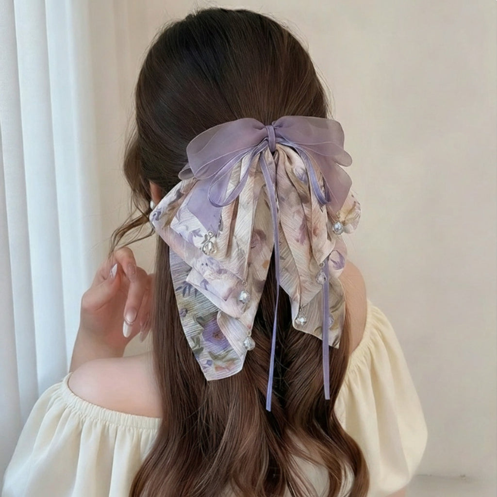 Lavender Floral Ribbon Bow Hair Claw Clip – hair accessories (view 2)