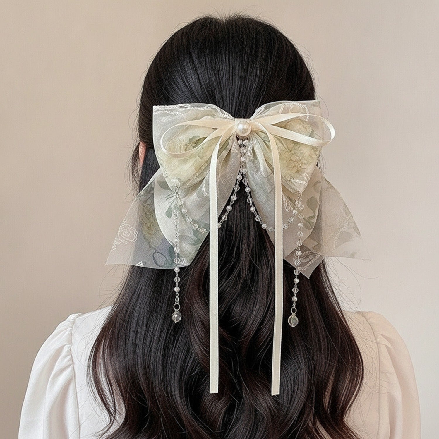 Lace Ribbon Hair Claw Clip Beige