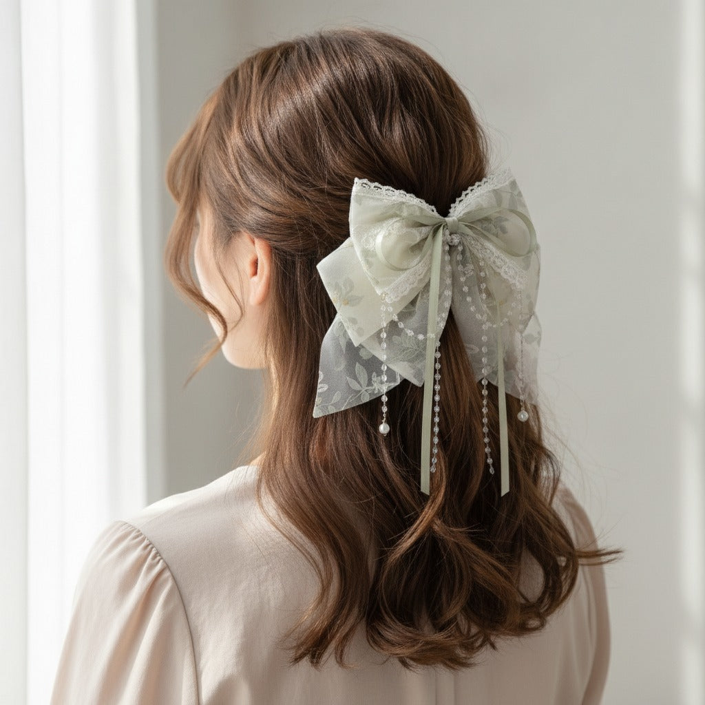 Lace Ribbon Hair Claw Clip Beige – hair accessories