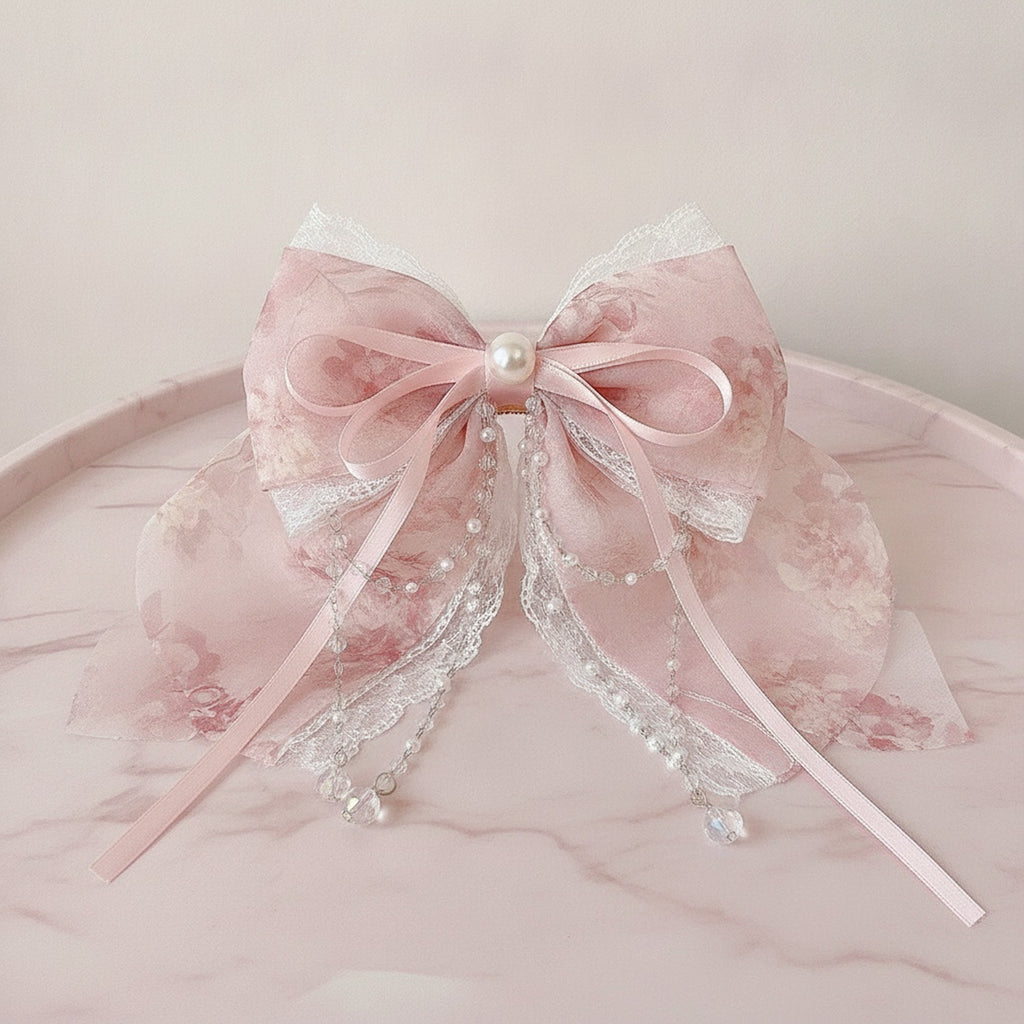 Sheer Ribbon Hair Claw With Pearl Beads – hair accessories (view 2)