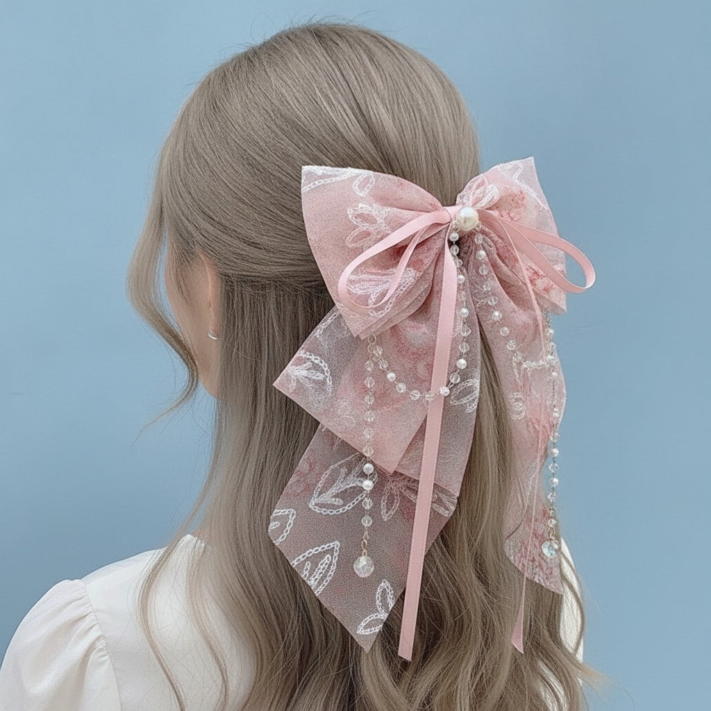 Sheer Ribbon Hair Claw With Pearl Beads – hair accessories (view 3)